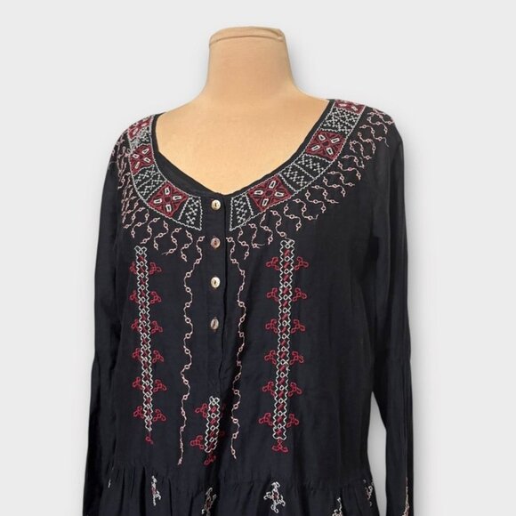 Johnny Was Black Embroidered Dress M Ava Peasant Black Red Long Sleeve EUC - Picture 3 of 9